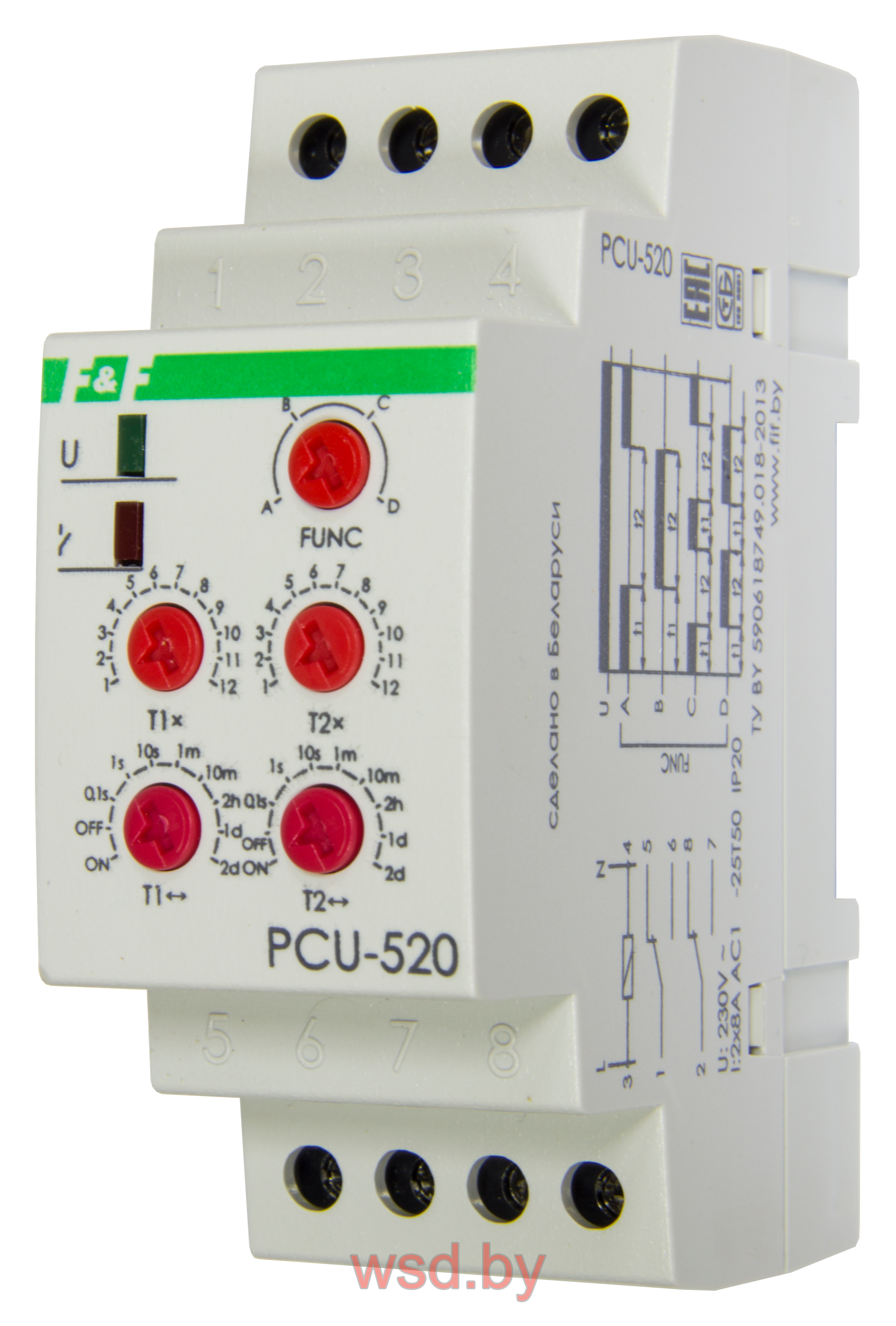PCU-520 многофункциональное, с 2 независимыми выдержками времени, 2 модуля, монтаж на DIN-рейке 230В AC 2х8А  2NO/NC IP20